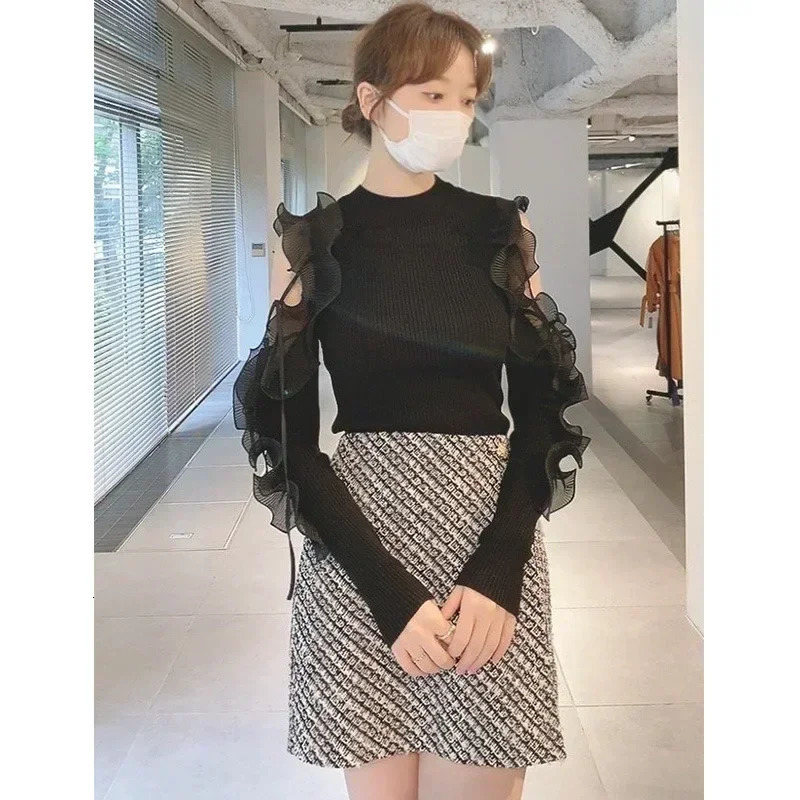 Kuzuwata Sweet Fairy Ruffled Lace Up Off Shoulder Pull Femme Slim Knit Patchwork Sweaters 205 JAPAN Autumn Winer Jumpers 250708