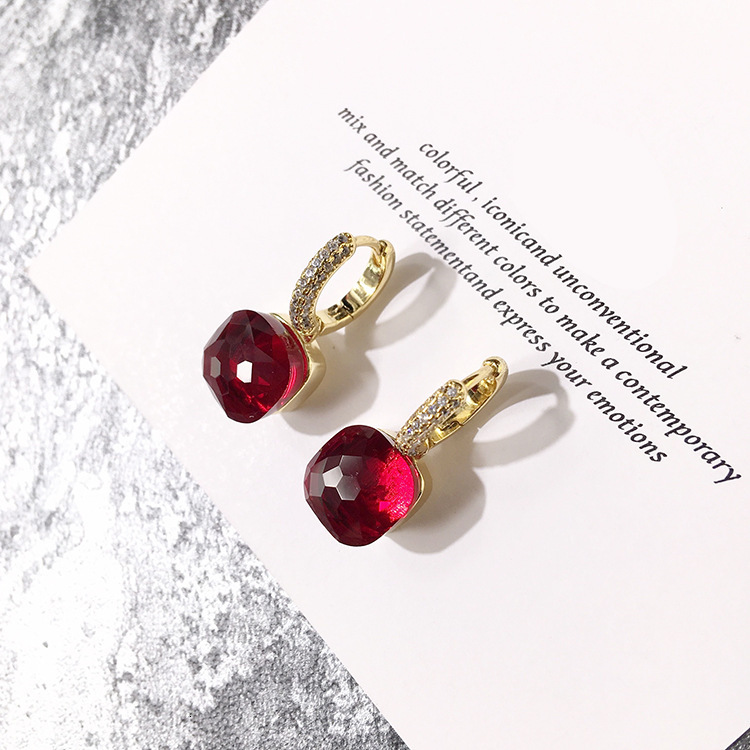 Fashion Crystal Gold Inlaid Diamond Earrings Korean Version Ins Style Cool Candy Color Geometric Square Stud Earrings