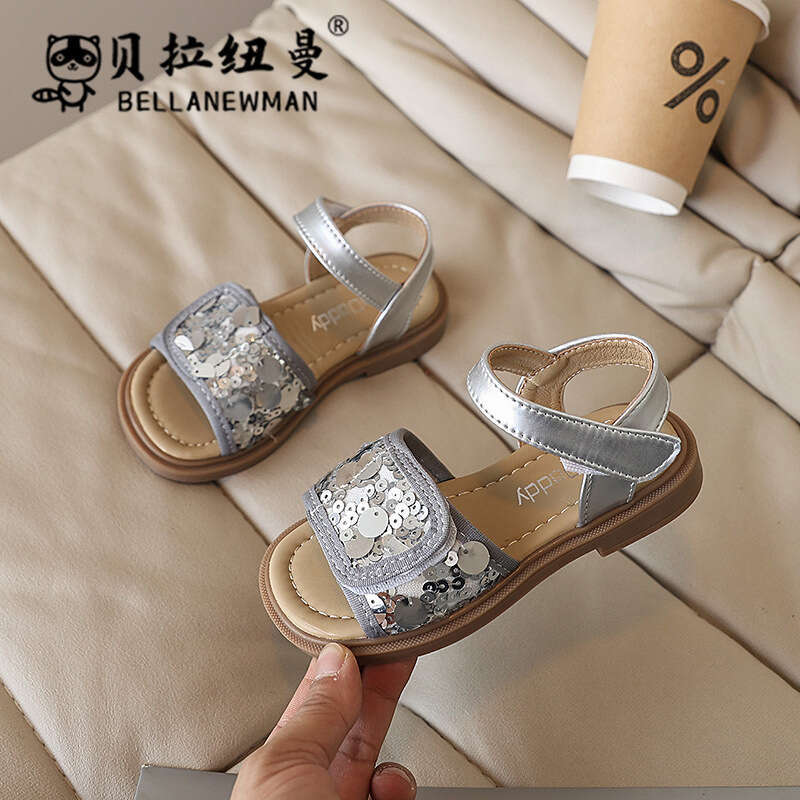 Girls' Fashion Sequin Princess 2025 Summer New Korean Style Children's Soft Sole Beach Black Sandals