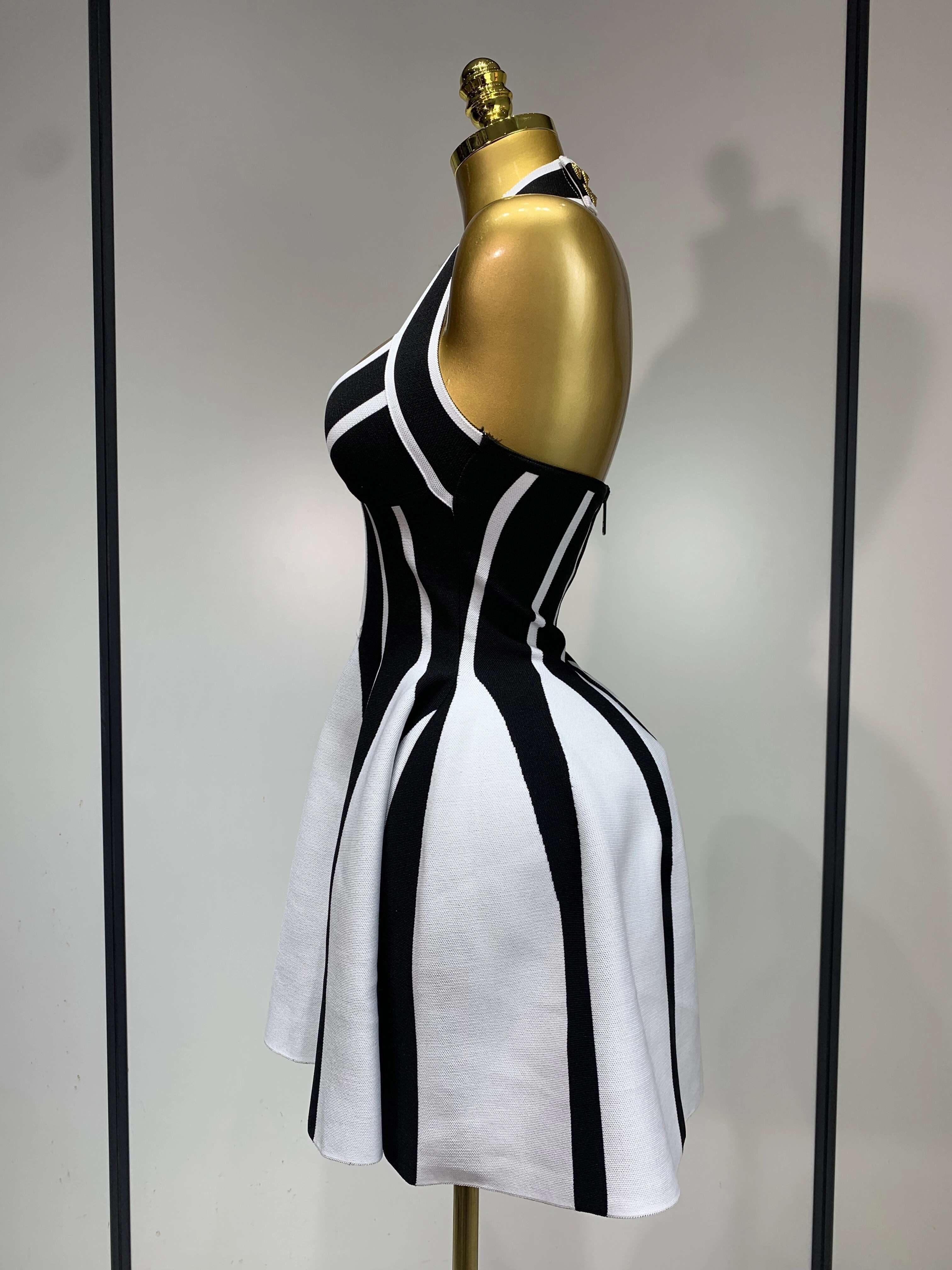 Women Sexy Backless Black White Stripes Halter Bandage A Line Short Celebrity Elegant Evening Party Holiday Club Dress dongdumaoyi