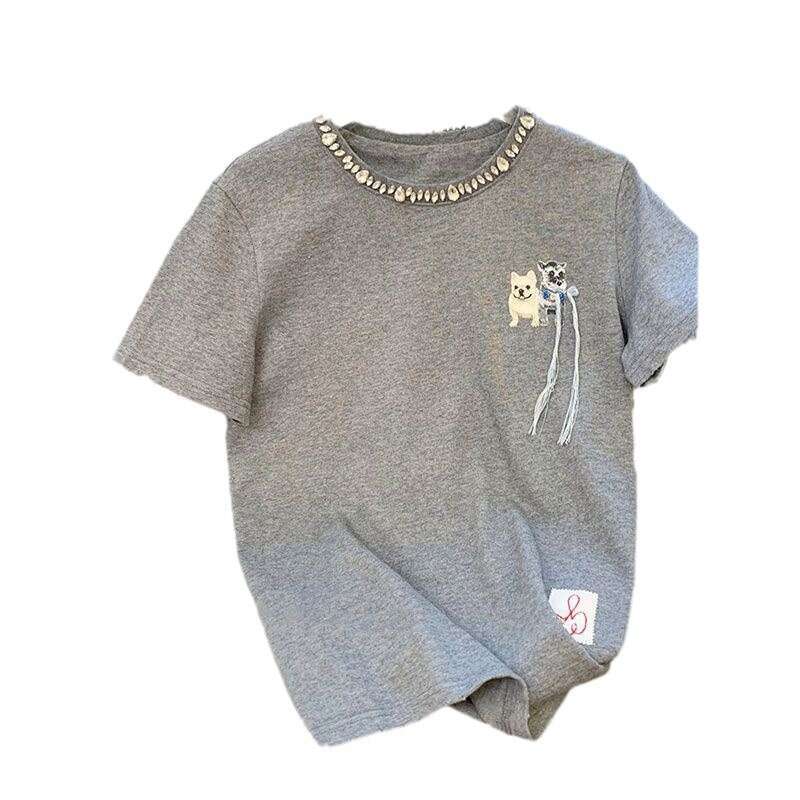 European Heavy Industry Rhinestone Gray Short Sleeve Pure Cotton T-Shirt For Women Summer New Loose Design Sense High-End Women's Clothing B5