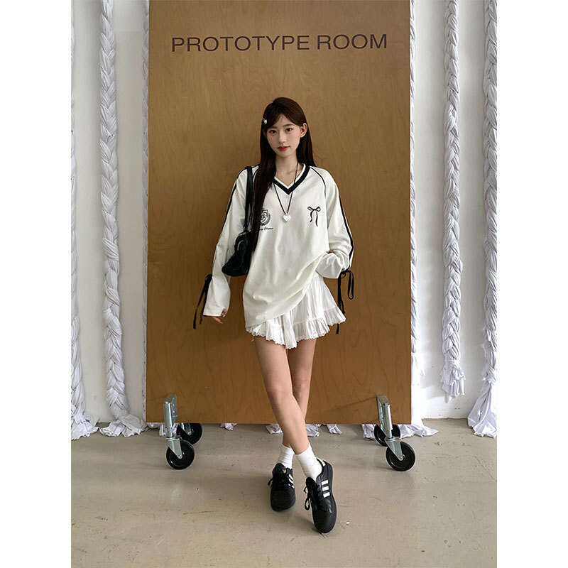 Autumn New American Style College Wind Three-Stripes Long Sleeve Sweatshirt For Women, Loose Casual Mid-Length Top B5 h7