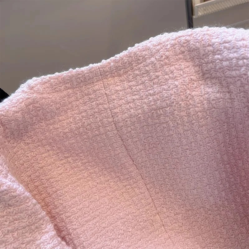 Elegant Pink Tweed O-neck Cropped Jackets Women Casual Single Breasted Short Coats Tops Korean Fashion Long Sleeve Abrigos 250708
