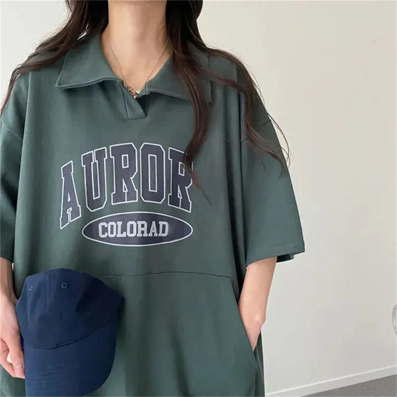Summer Women Short Sleeve Sweatshirts Harajuku Streetwear Fashion Letter Printed Female Turndown Collar Hoodies Loose Pullovers 250707