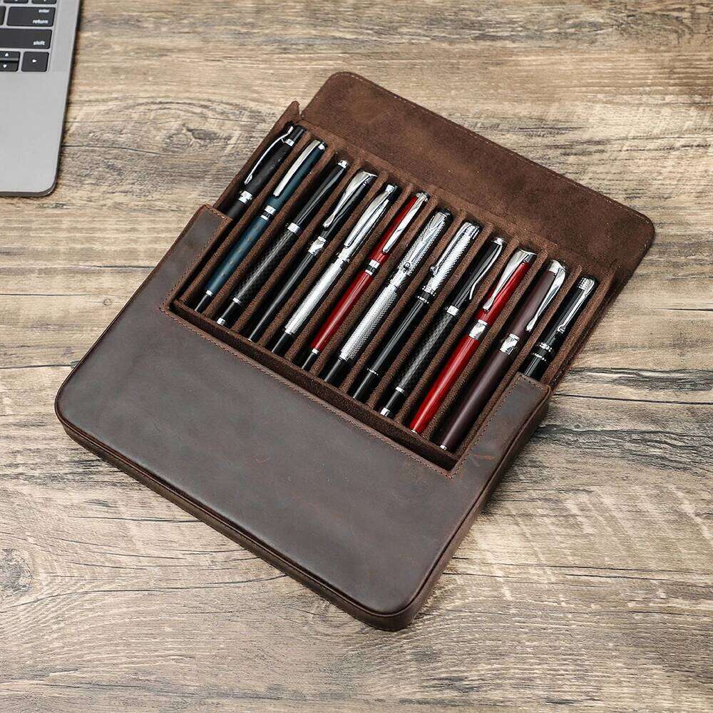 Genuine Leather 12 Slots Fountain Case Box Office School Stationery Storage Pouch Holder with Removable Pen Tray