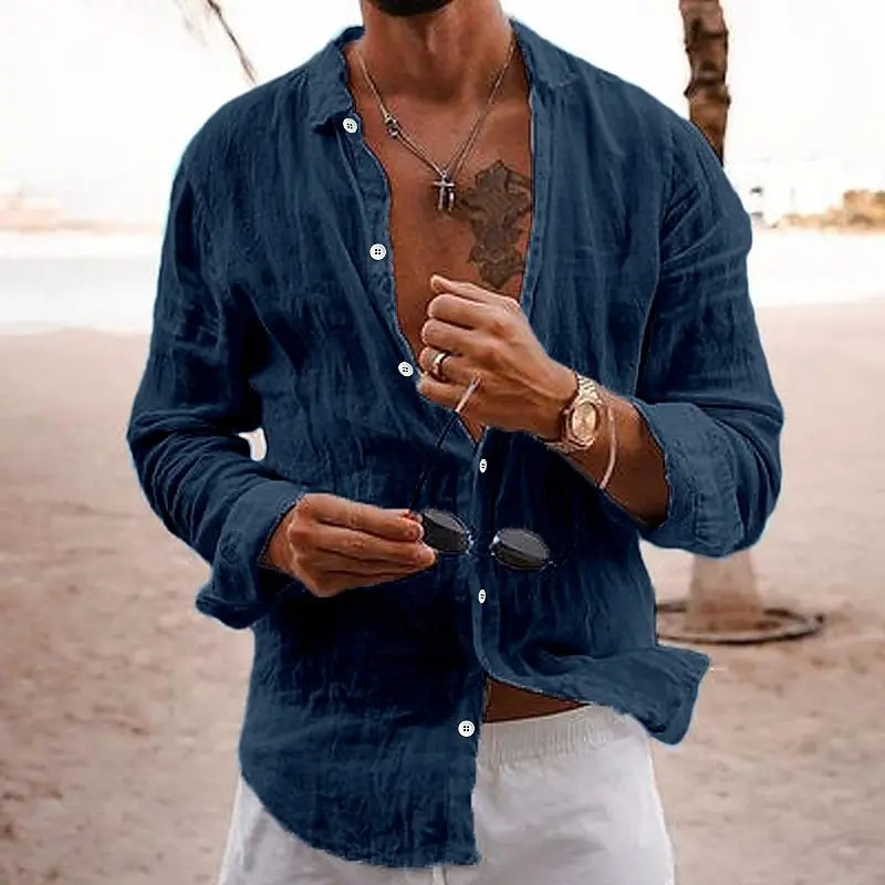 2023 solid color loose single breasted lapel cotton linen long sleeve shirt mens medieval clothing blend 250709