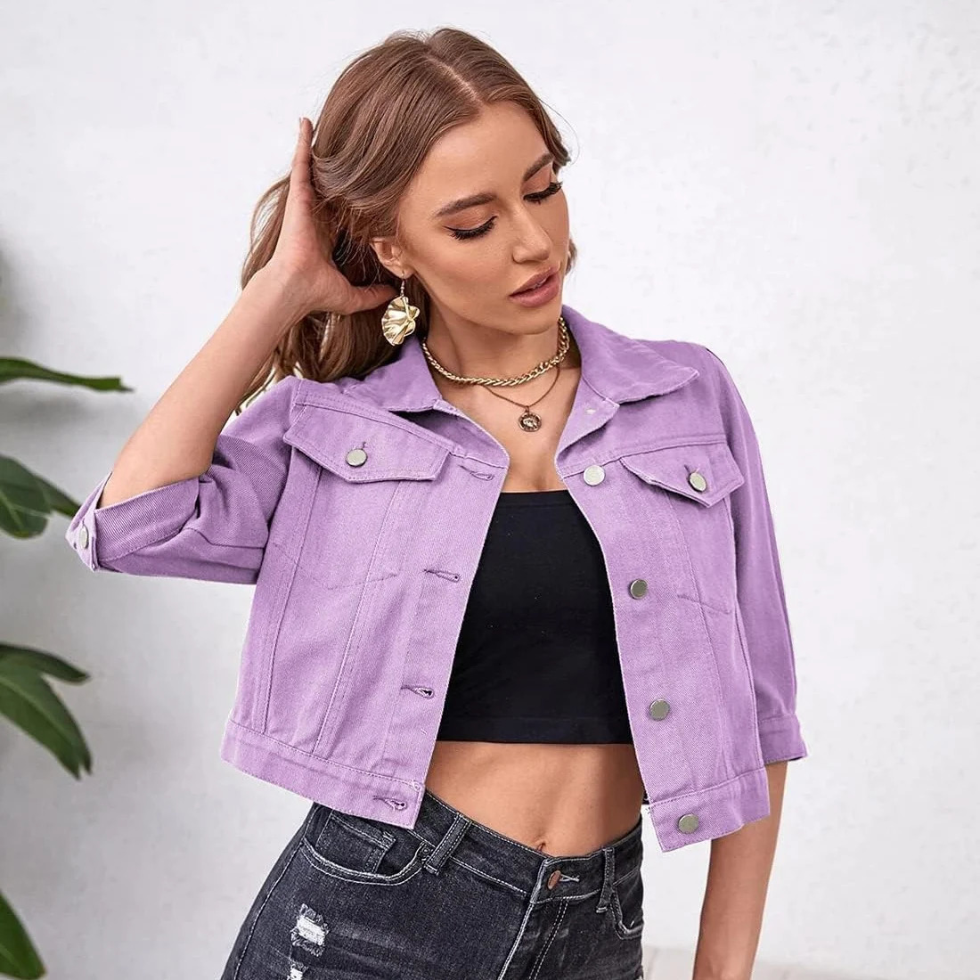 Womens Jean Jacket Cropped Denim Jackets Stretchy 3/4 Puff Sleeve Distressed Shacket With Pockets Purple Yellow White Outerwear 250709