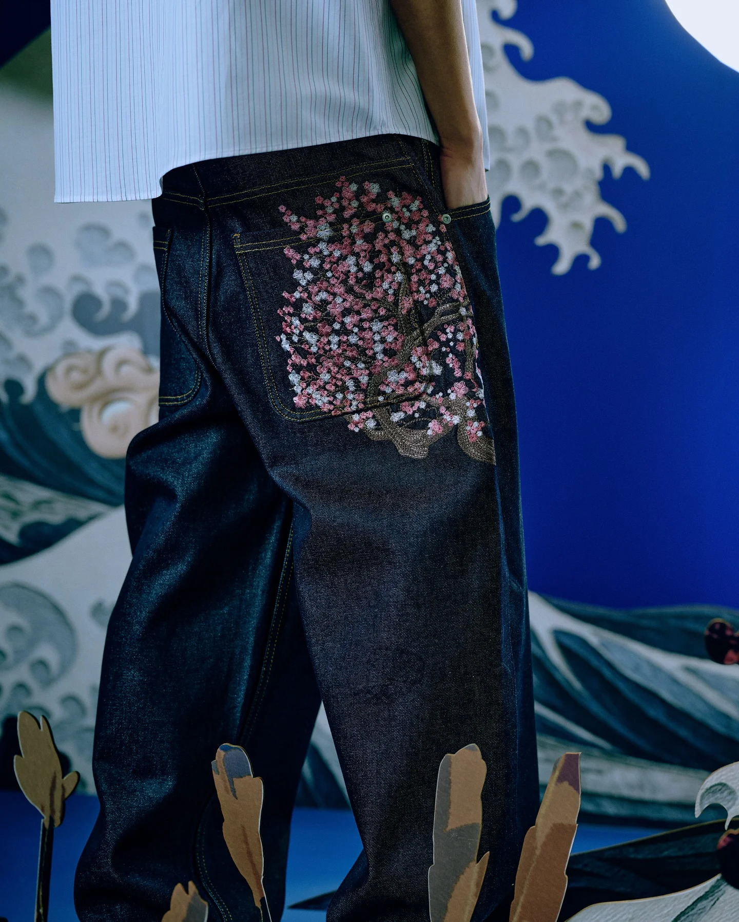 Y2k Vintage Cherry Blossom Pocket Embroidery Jeans Casual Black Baggy Straight Wide Leg Denim Pants Hip Hop Street Men Clothing 250708