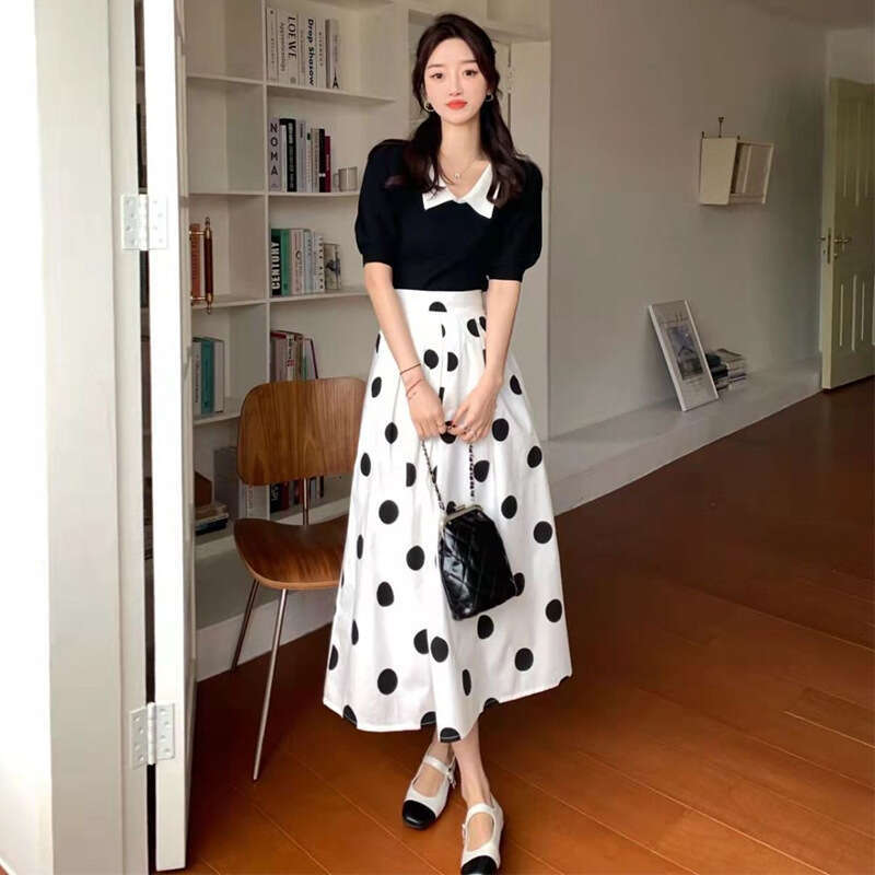 French Hepburn Style Elegant High-Waisted Slimming Polka Dot Skirt Puff Sleeve Top Two-Piece Set Dress B5