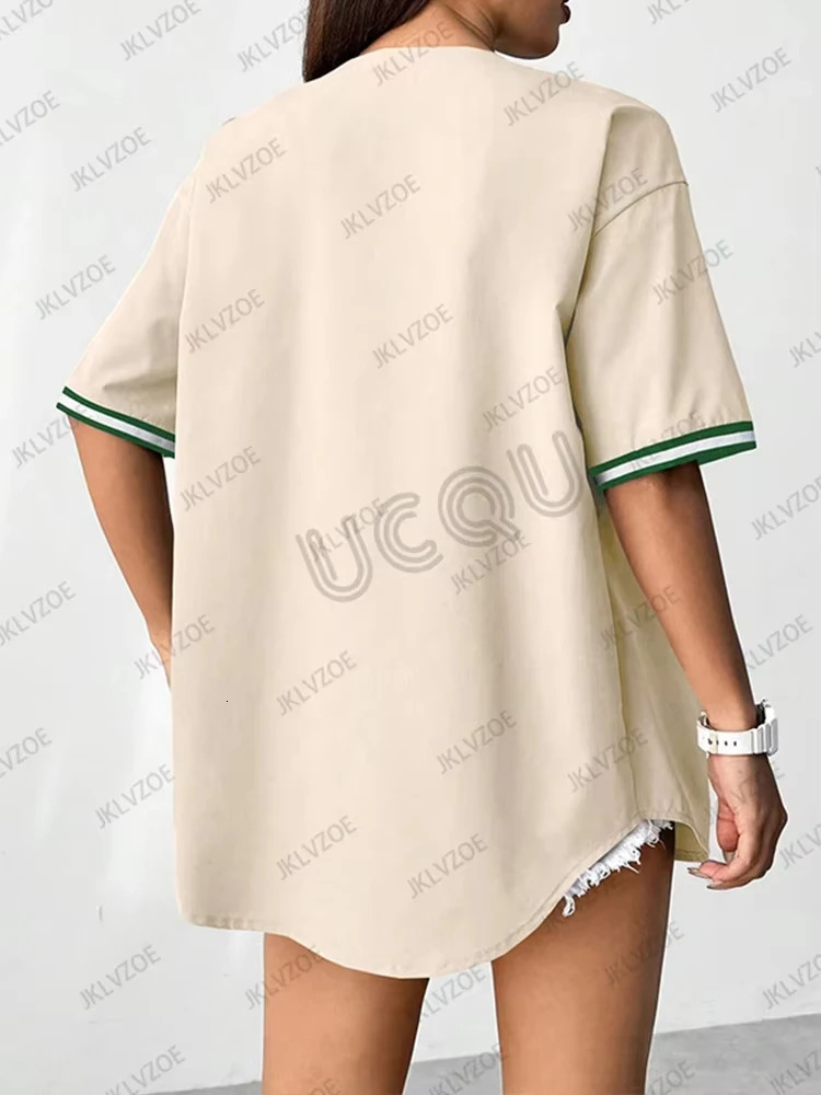Summer Retro Patchwork Letter Printed Blouse Women Streetwear Baseball Shirt Hip Hop Short Sleeve Baseball Tops 250708