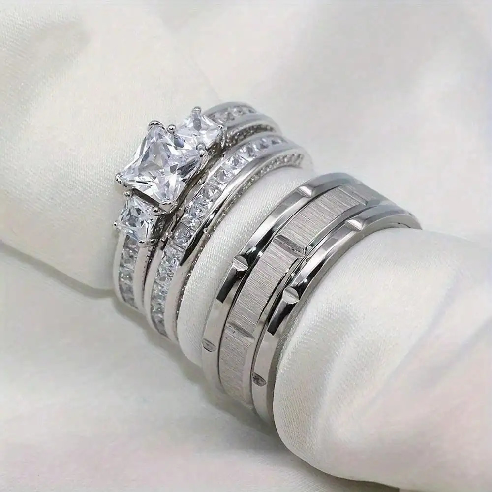 Fashion Silver Color Couple Rings for Lovers Trendy Stainless Steel Men Cute Women s Zircon Set 250704
