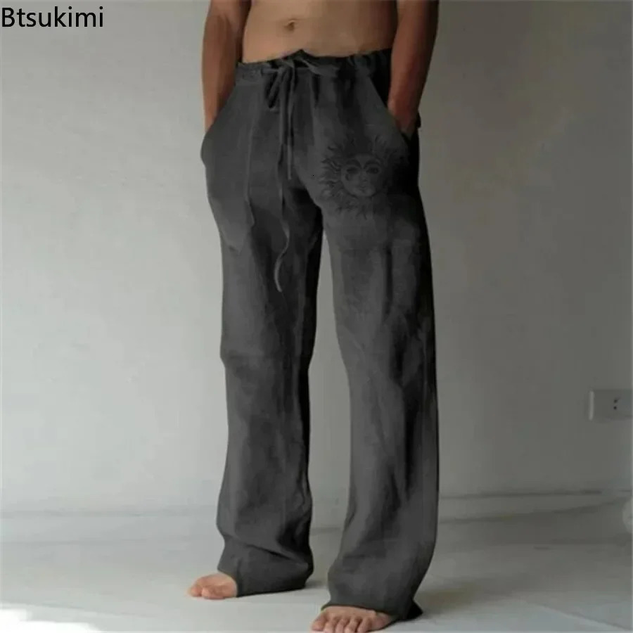 Mens Cotton Linen Pants Oversized Jogger Sweatpants Casual Flower Print Plus Size Loose Wide Leg Pants Men Casual Trousers 250708