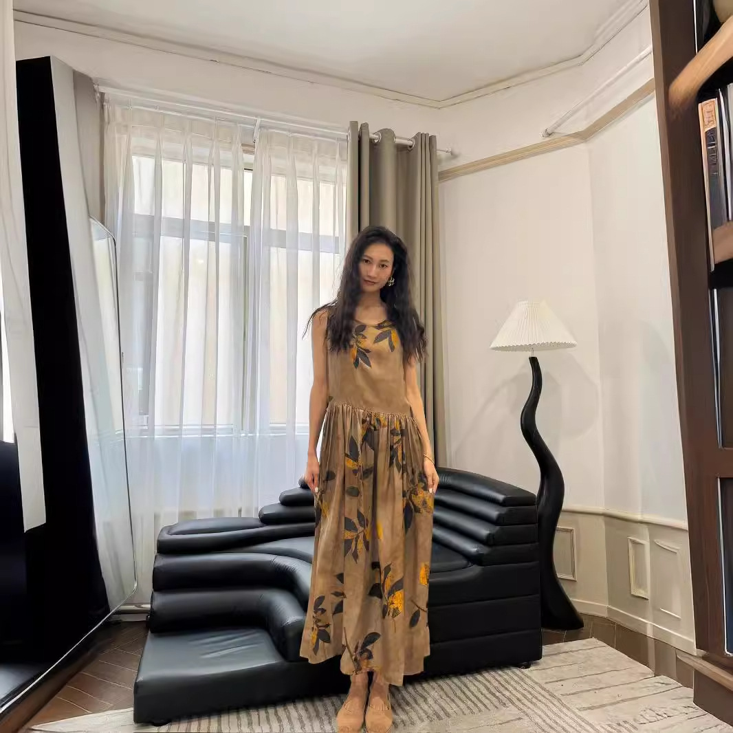 X086 Sleeveless vest basic leaf print mid-waist dress elegant