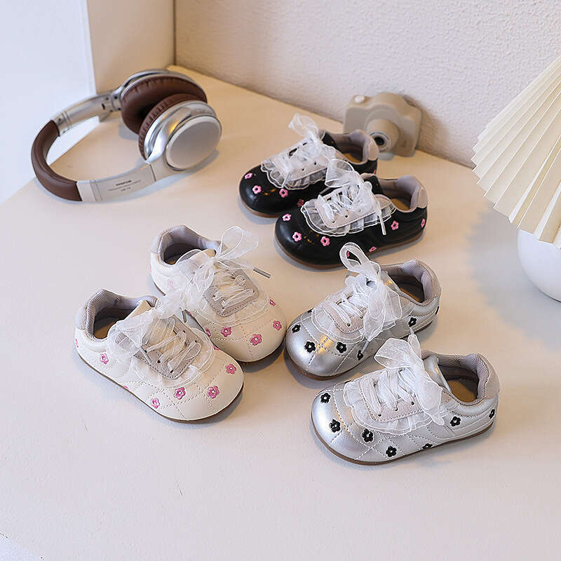 Children's Floral White Soft Sole Walking Shoes 2025 Autumn New Style Training Sneakers for Girls