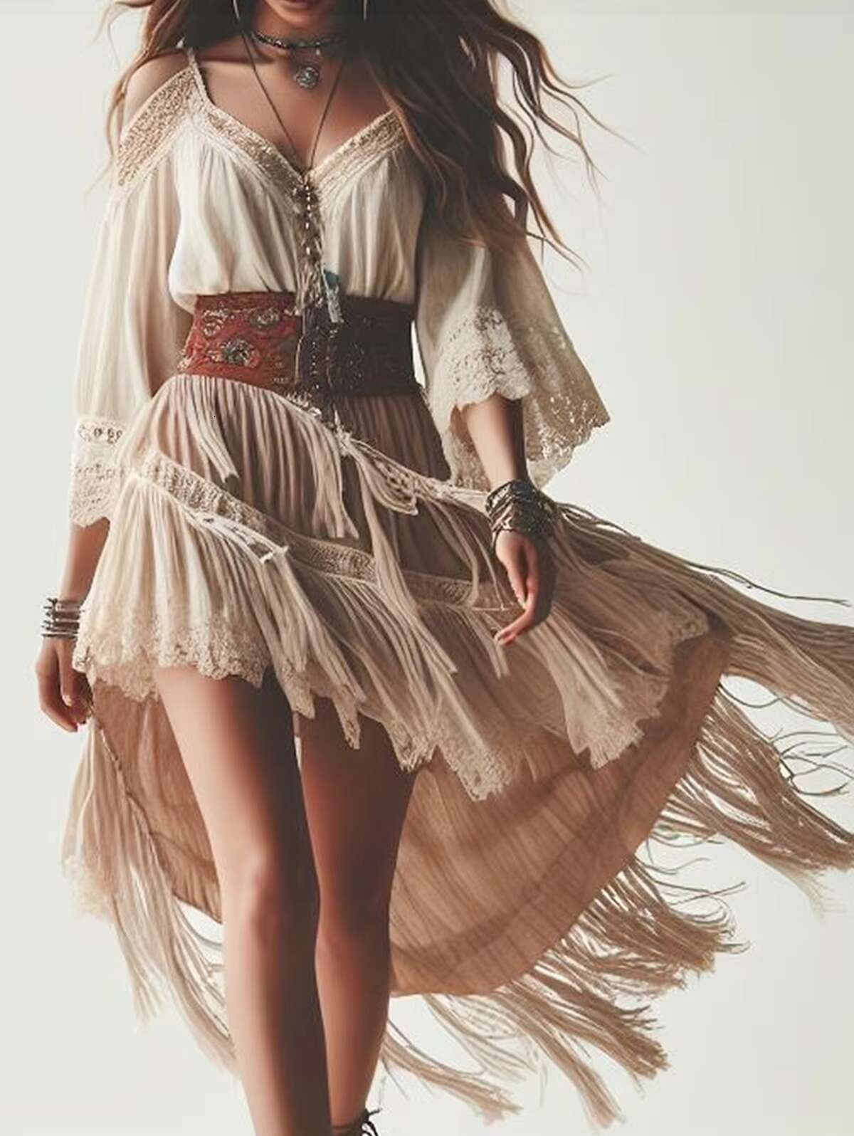 Womens Boho Cold Shoulder V Neck Lace Fringe Ethnic Chic Elegant Irregular Hem Indie Folk Sweet Midi Dress for Summer dongdumaoyi