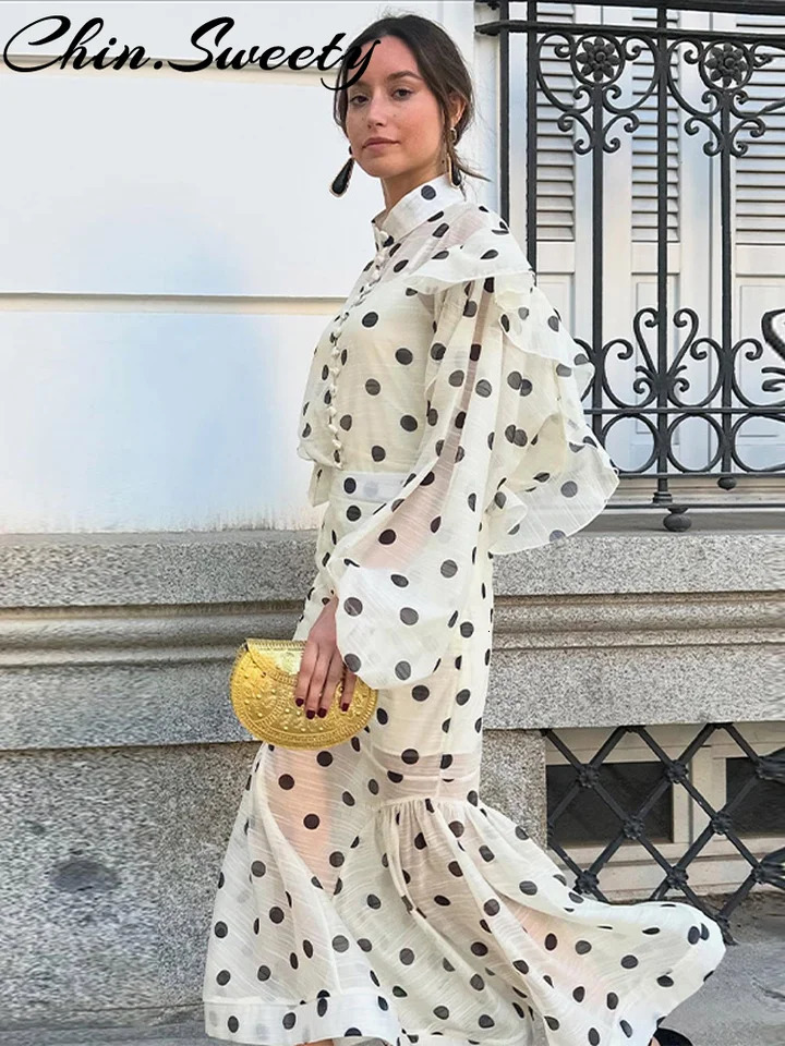 Bohemian Dot Print Women Top Skirt Set Urban Ruffled Full Sleeve Button Top Trumpet Skirt Summer Autumn Lady Outfits 250711