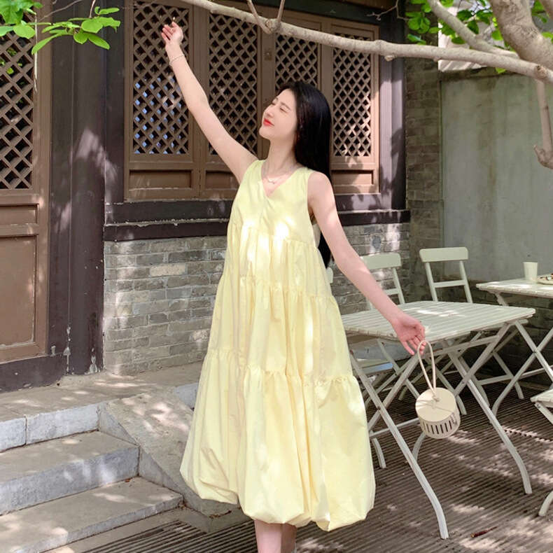 French Style High-End V-Neck Sleeveless Puff For Women, Summer Elegant Loose Fit, Tummy-Covering Slimming Long Dress B5