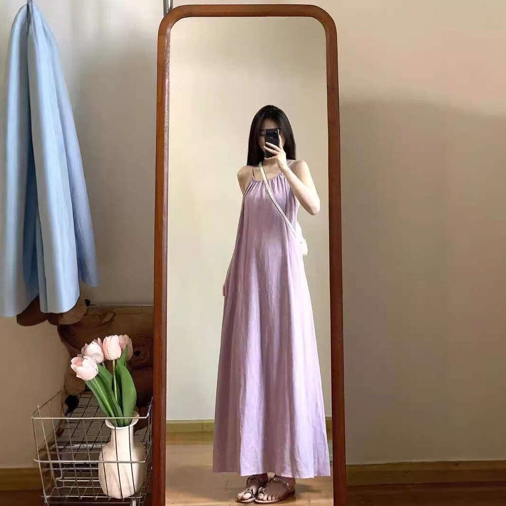 Purple Loose Strap For Women Summer New Vacation Gentle Long Chic Sleeveless A-Line Dress B5