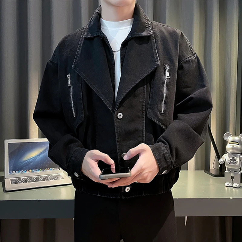 Korean Fashion Water Denim Jacket for Men Autumn Loose Lapel Casual Jeans Social Streetwear Harajuku Hip Hop Coat Clothing 250704
