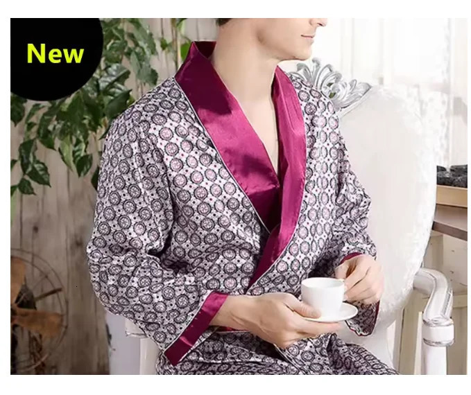 Mens Pajamas Robes Silk Kimono Robe Long Sleeve Bathrobe Satin Nightgown Male Summer Home Clothing Oversize 5XL 250710