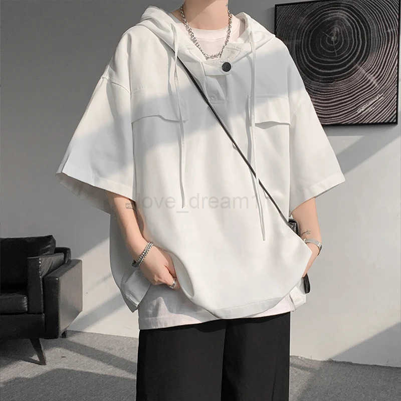 5 Colors Summer Hooded T-shirt Men Korean Half Sleeve Pullover Streetwear Loose T-shirt Tops Drawstring Men Clothing T250714