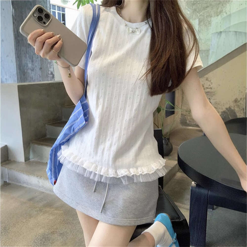 French Gentle Style Sweet Lace Trim Short Sleeve T-Shirt For Women Summer Fashion Jacquard Versatile Top B5