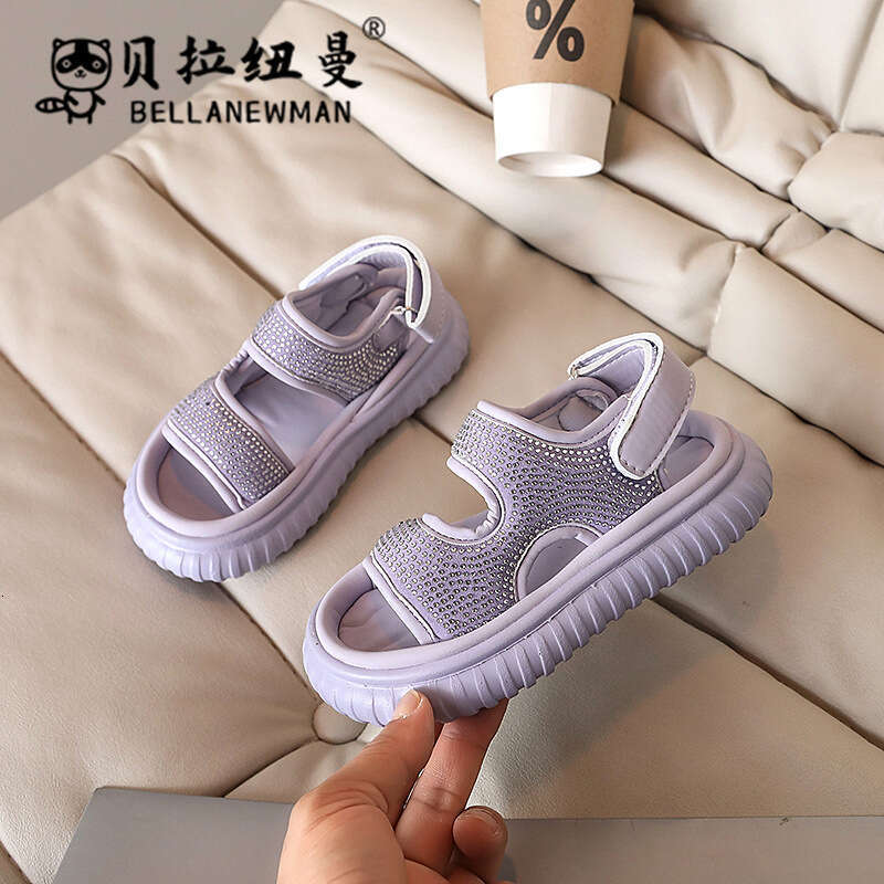 Bella Newman Girls' Fashion Rhinestone Sandals 2024 Summer New Children's Solid Color Open-Toe Beach Shoes for Big Kids