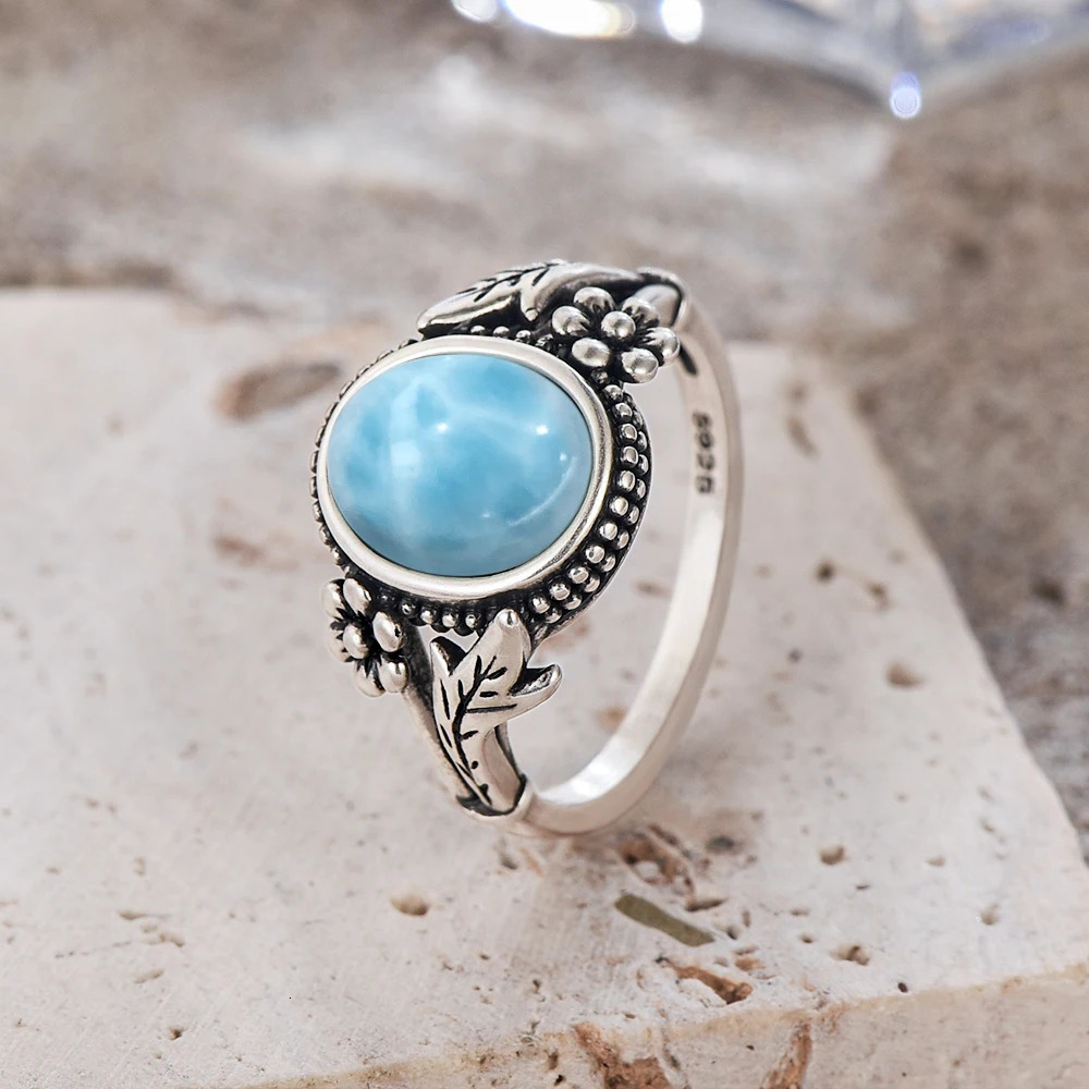 Silver 925 Vintage Rings Oval 8X10MM Larimar Natural Stone With Flower And Leaves Fine Jewelry For Women Men Gifts 250712