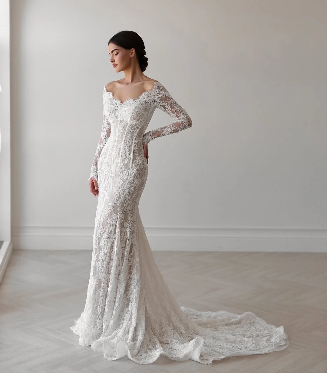 2025 Elegant Mermaid Church Wedding Dress With Detachable Train V Neck Lace Appliques Long Sleeve Bride Bridal Gowns Vestidos De Novia Mariage