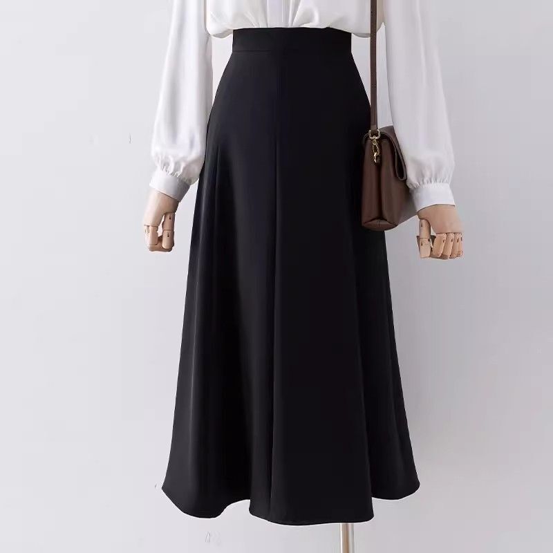 New women's half skirt, Korean style simple high waisted pleated suit skirt, women's four season loose and elegant mid length A-line flared 