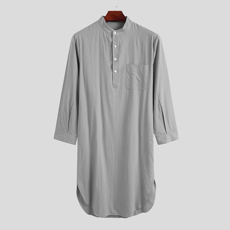 Mens Cotton Button-down Sleep Robe Solid Color Stand Neck Long Sleeve Nightgown Fashion Comfortable Home Wear Loose Bathrobe 250710