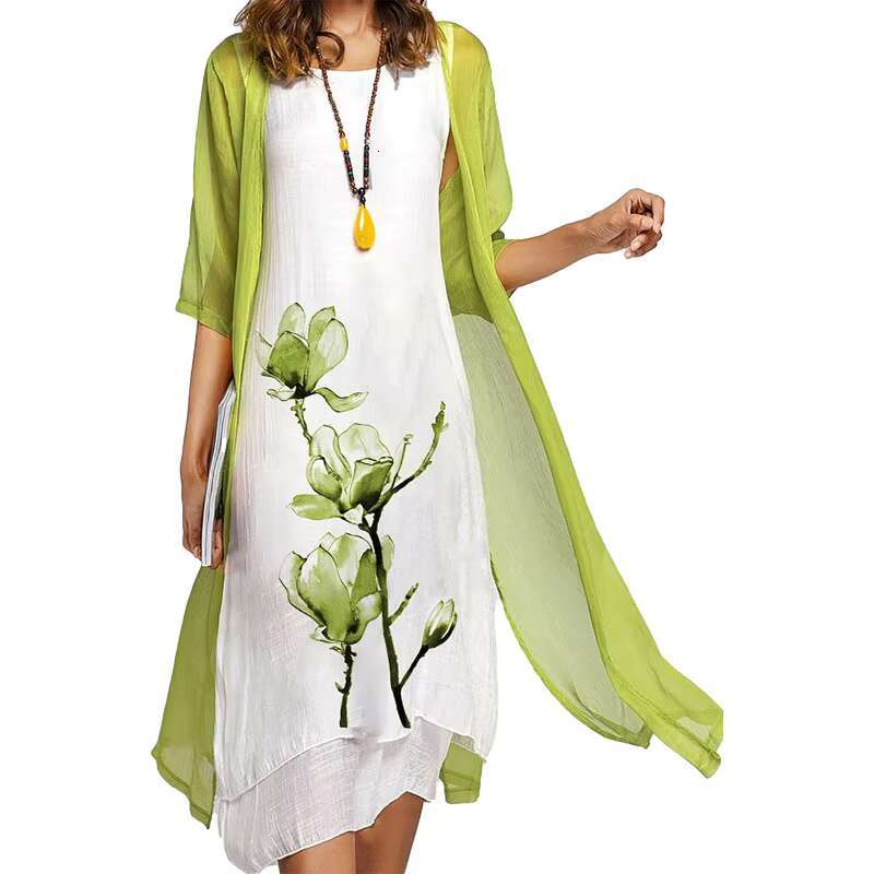 2025 new! Eu-us Summer Womens casual elegance 2 printed crew-neck loose dress sweater coat set dongdumaoyi