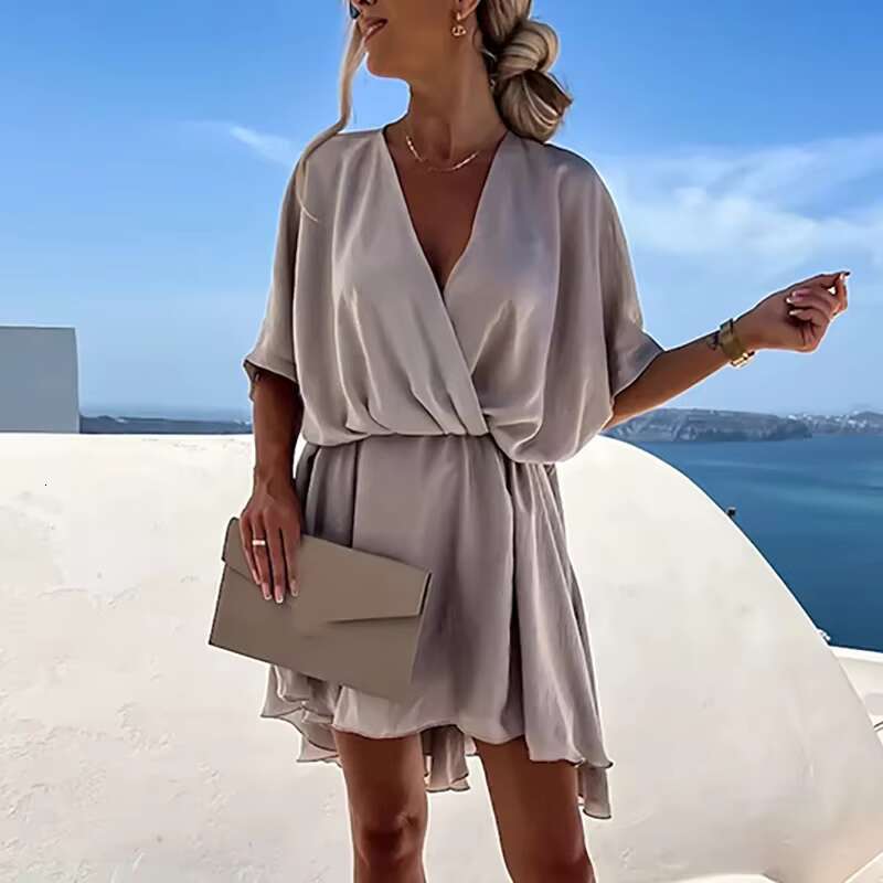 Sexy V Neck Dresses For Elegant Short Sleeve Solid A-line Loose Mini Women Casual Beach Party Dress Boho 2022 dongdumaoyi