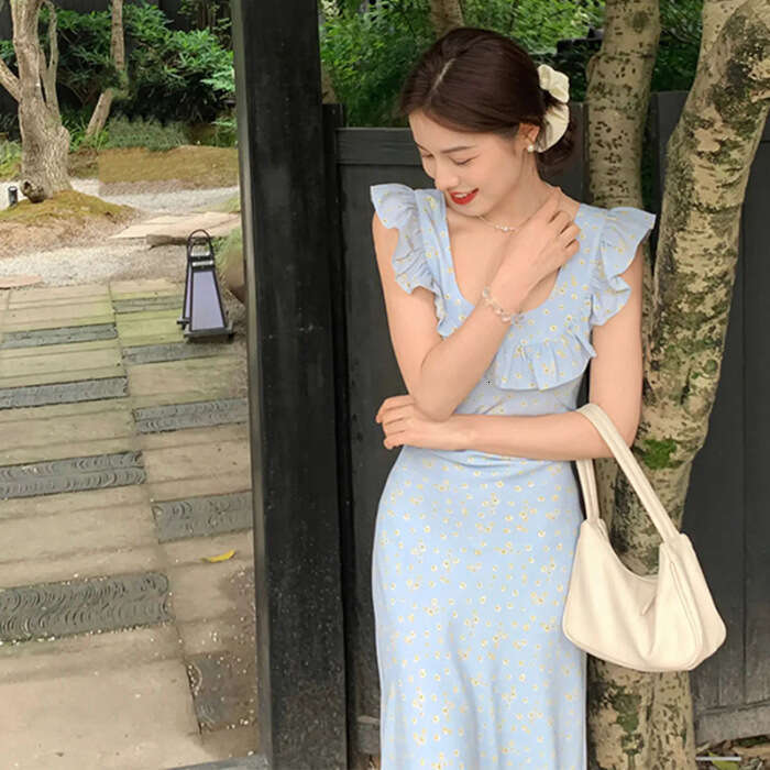 French Sweet Blue Polka Dot For Women Summer New Elegant Waist-Cinching Small Flutter Sleeve Mermaid Long Dress B5