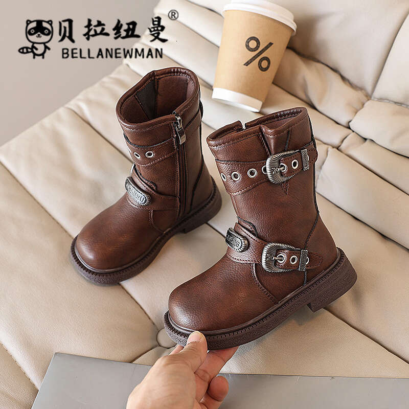 Girls' Fashion Leather 2024 Autumn New Big Kids Knight Mid-Calf Children's British Style Martin Boots