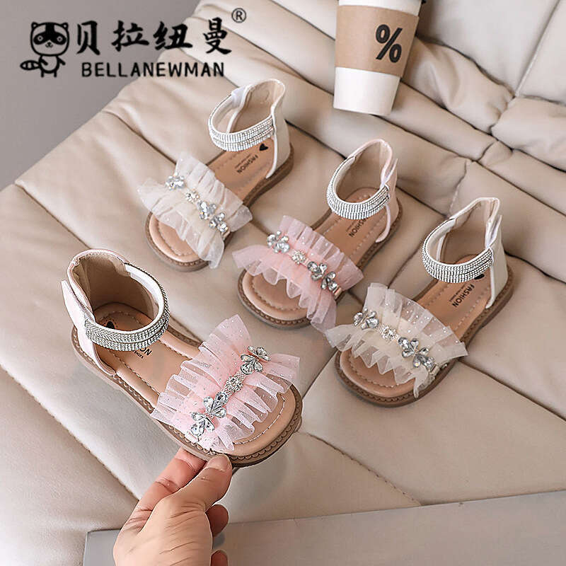 Girls Fashion Rhinestone Lace Sandals 2024 Summer New Baby Soft Sole Beach Children Open-Toe Roman Shoes