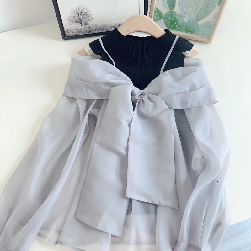 Neploe Sweet Voile Bow Patchwork Sets Slingo Neck Knit Off Shoulder Vest Jumper Japan Moda Elegant Suits Ruched Pullovers 250708