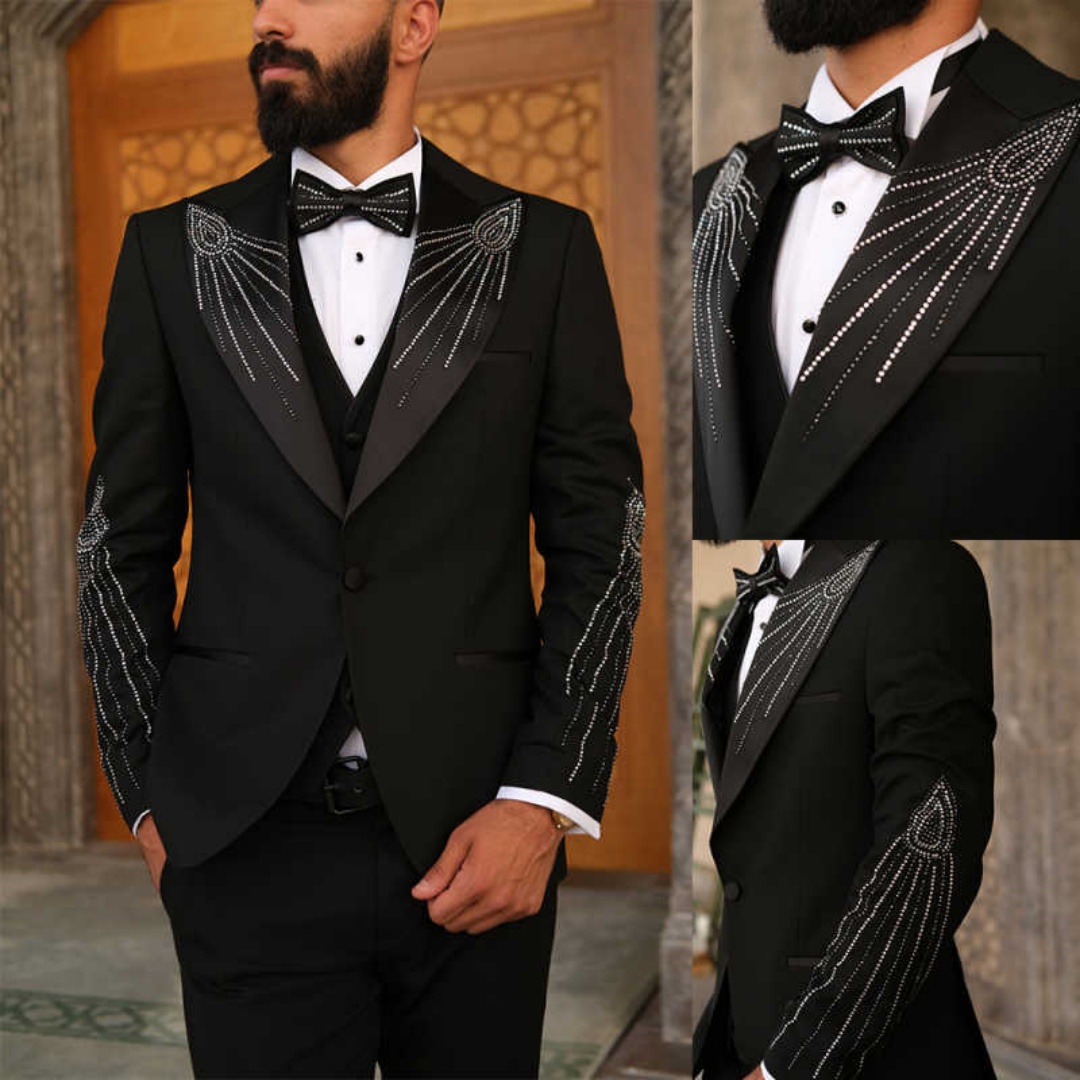 Customized 2 Pieces Men Suits Peaked Lapel Single Button Crystal Beadeds Pants Sets Luxury Classic Fit Prom Male Party Blazers
