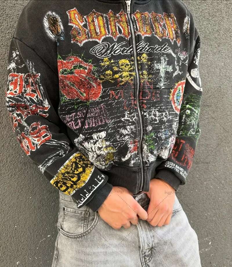 American Retro Skull Graphic Zipper Hoodie Men Gothic Punk Trendy Streetwear Jacket Hip Hop Haruku Y2K Oversized Sweatshirt