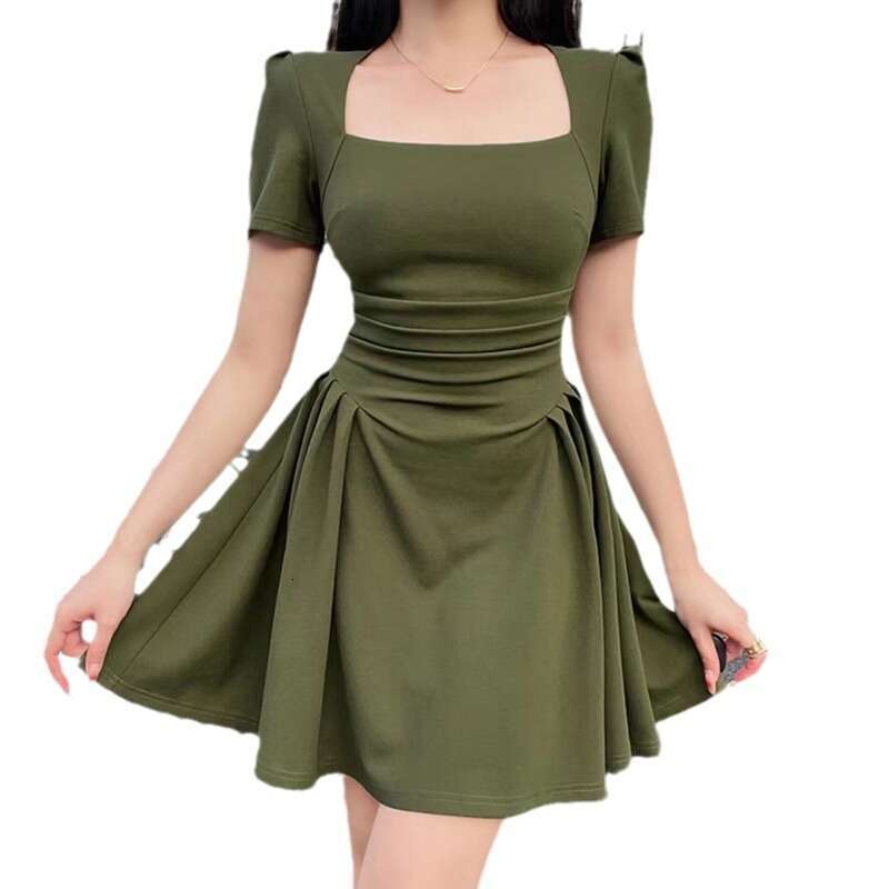 Summer New French Hepburn Style Little Black Niche Design Waist Slimming Square Neck Dress For Women B5