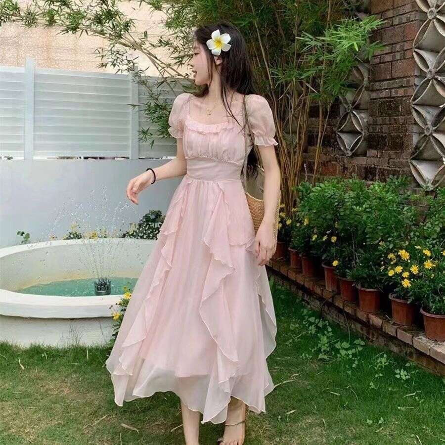 French Style Square Neck Sweet Gentle Fairy For Women Summer New Waist Slimming Mid-Length Dress B5