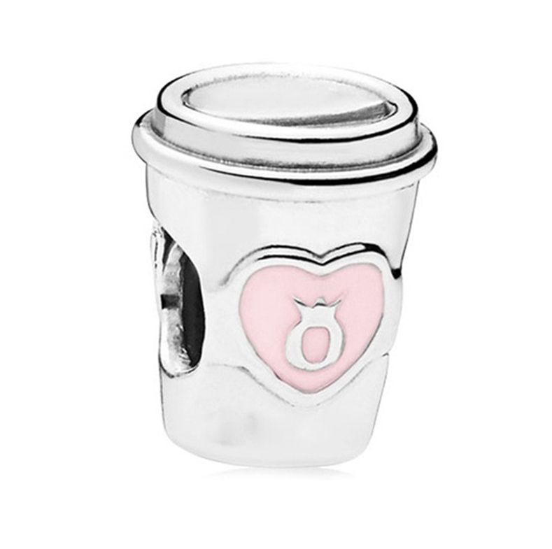 Silver - Toned Coffee Cup Charm Bead With Pink Enamel Heart & Crown Detail Cute Daily Style Gift For Jewelry Lovers High - Quality Accessory