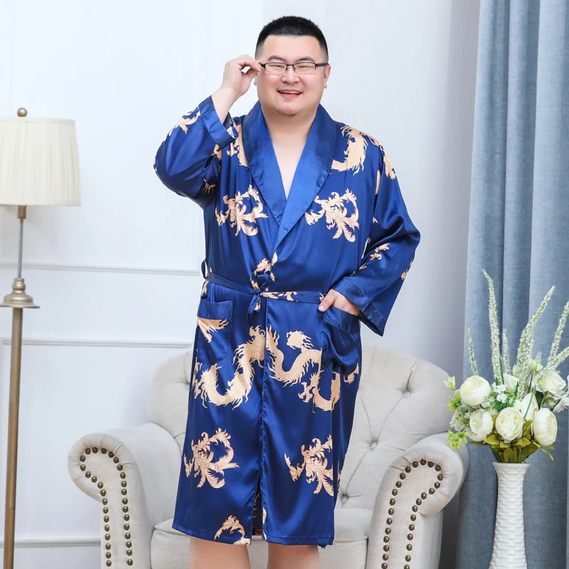 Men Silky Satin Kimono Robe 2PC 7XL Long Sleeve Shorts Set Soft Dragon Dressing Gown Bathrobe Sleeprobe Male Lounge Home Wear 250710