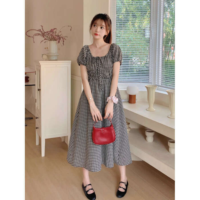 French Style Black Puff Sleeve Plaid For Women Summer New Small Petite Elegant Slimming Long Dress B5