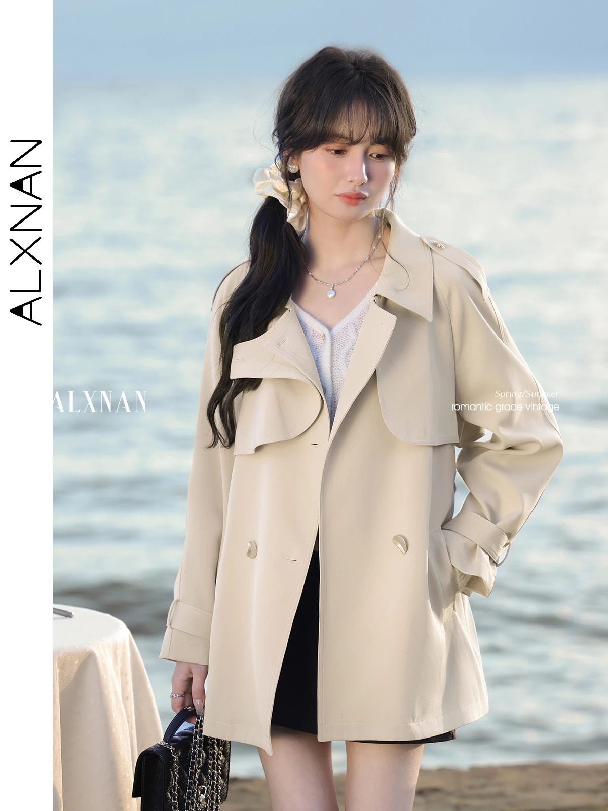 ALXNAN Apricot Womens Trench Coat Spring High-end Windbreaker Polo Collar Solid Versatile Jacket Ladies L52980 250703