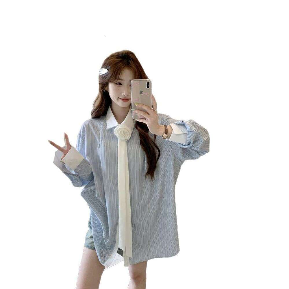 Blue Striped For Women Spring Summer Patchwork Loose Slimming Shirt Sun Protection Jacket Hong Kong Style Chic Top B5
