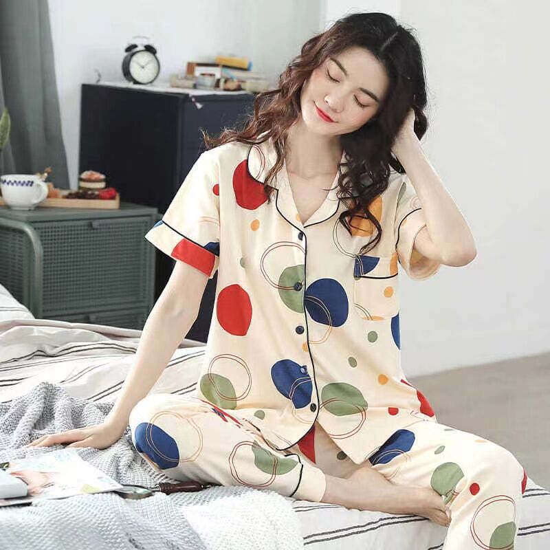 B969-Pure cotton pajamas women summer short-sleeved trousers cardigan pure cotton plus size casual loose home clothes suit
