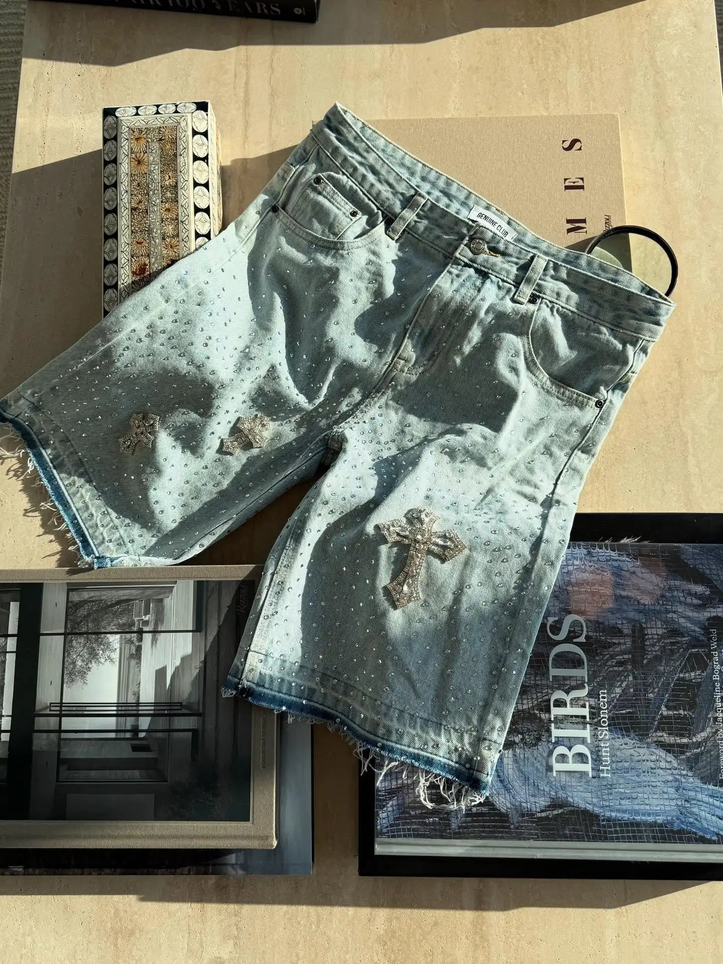 Gothic Rhinestone Cross Embroidery Viral Denim Jorts Y2K Vintage American Trend Gym Shorts Men Women Street Hip Hop Jean Short 250708