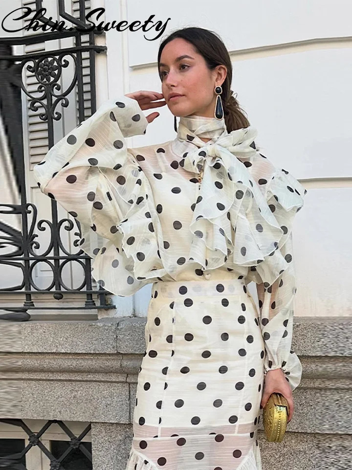 Bohemian Dot Print Women Top Skirt Set Urban Ruffled Full Sleeve Button Top Trumpet Skirt Summer Autumn Lady Outfits 250711