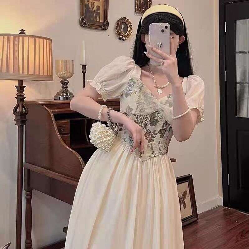 French Hepburn Style Square Neck Puff Sleeve For Women Summer New Waist-Cinching Slimming Elegant Floral Long Dress B5
